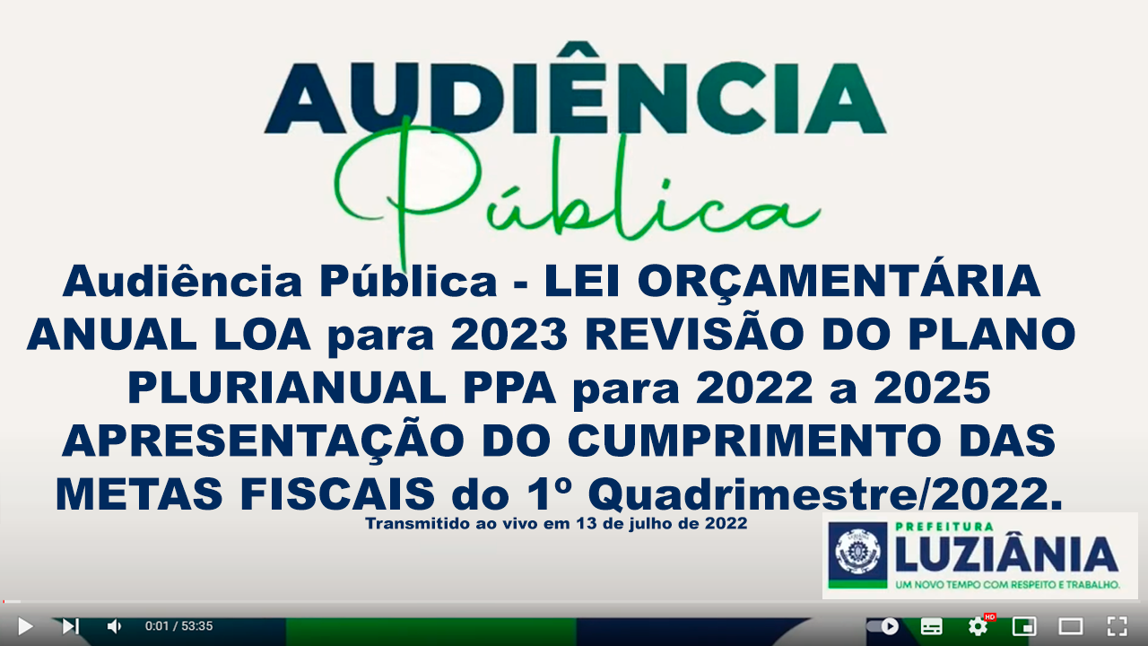 Você está visualizando atualmente Audiência Pública – LEI ORÇAMENTÁRIA ANUAL LOA para 2023 REVISÃO DO PLANO PLURIANUAL PPA para 2022 a 2025 APRESENTAÇÃO DO CUMPRIMENTO DAS METAS FISCAIS do 1º Quadrimestre/2022.